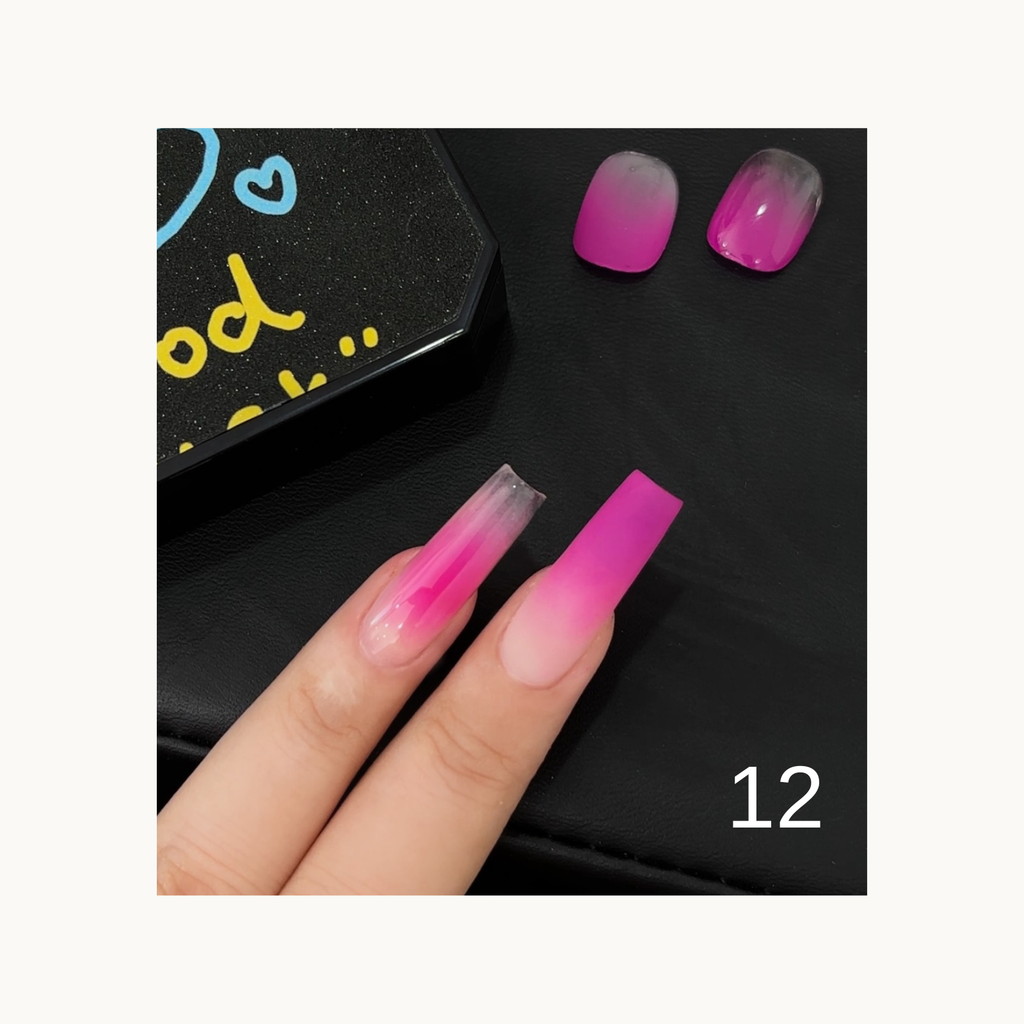 Qingyou solid tap gel shade 12 rose pink ombre swatch with long coffin nail demo