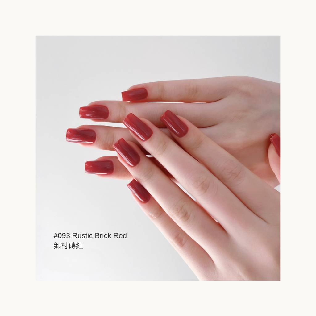 rustic brick red glossy gel manicure on square-shaped nails