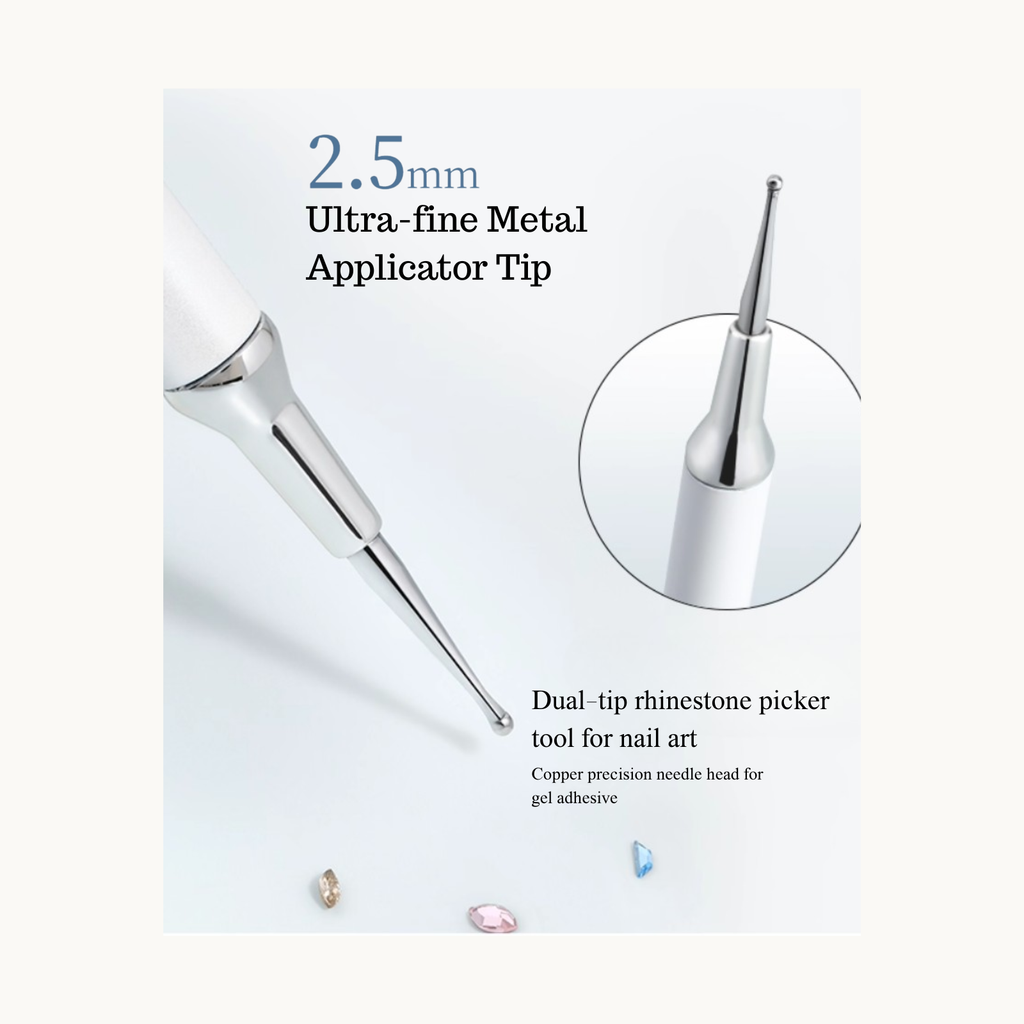 Close-up of TAYE 2.5mm ultra-fine metal applicator tip for picking nail rhinestones