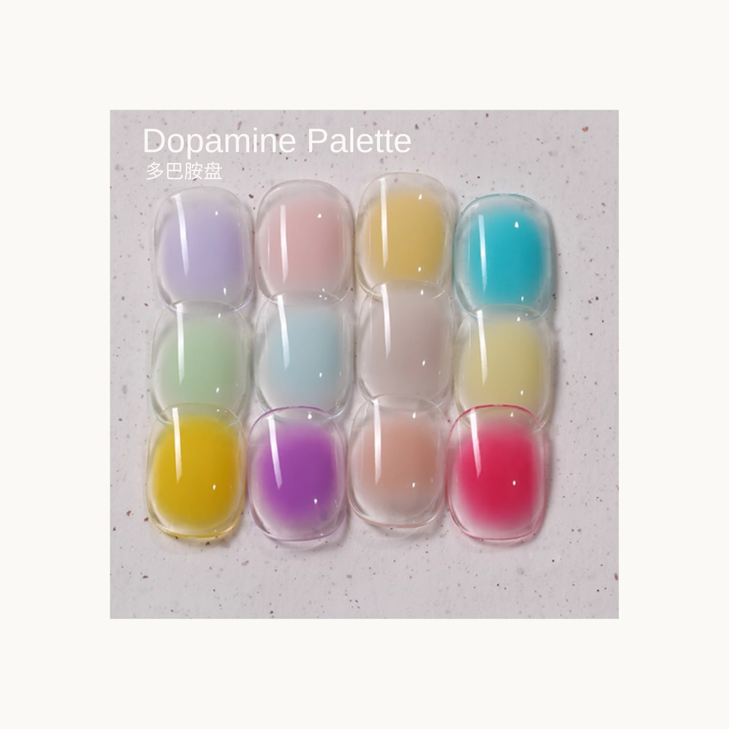 Dopamine Palette colorful gradient gel nail swatches in candy pastel tones for creative nail art.