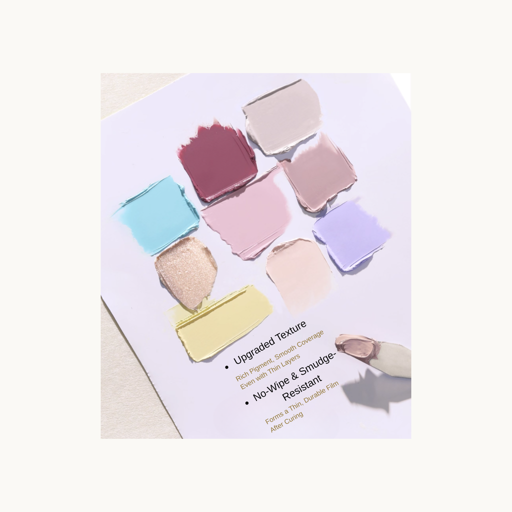 Close-up gel cube texture swatches in pastel and neutral tones, showing smooth high-pigment formula for nail art.