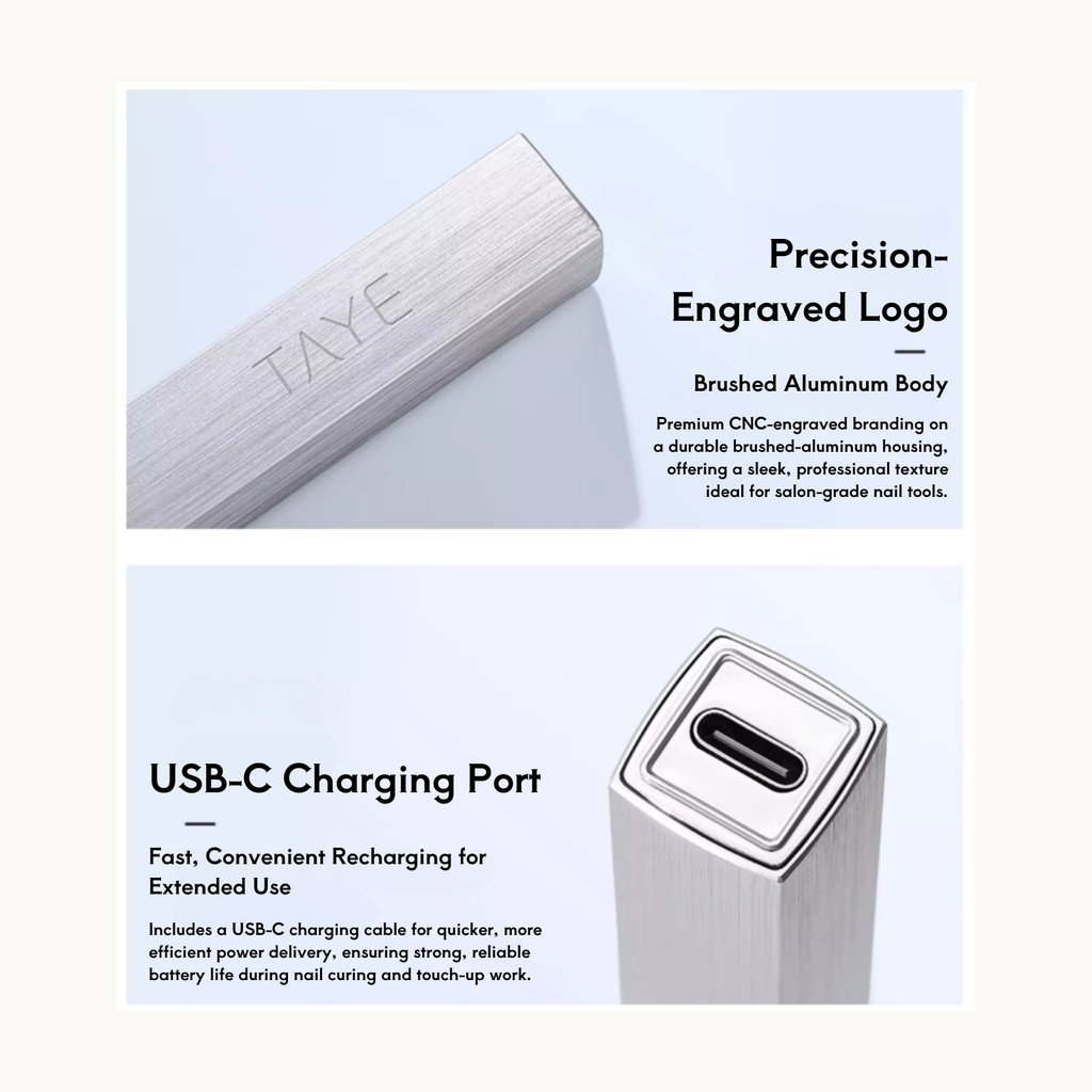 TAYE Hand Light 3.0 with CNC-engraved aluminum body and USB-C fast charging port for efficient nail curing