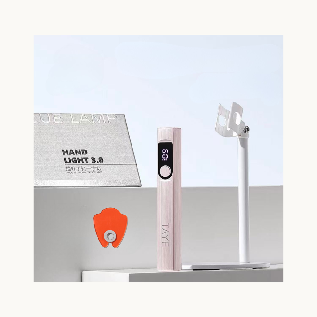 TAYE Hand Light 3.0 full set including rechargeable curing lamp, adjustable stand, and eye-protection shield in pink finish