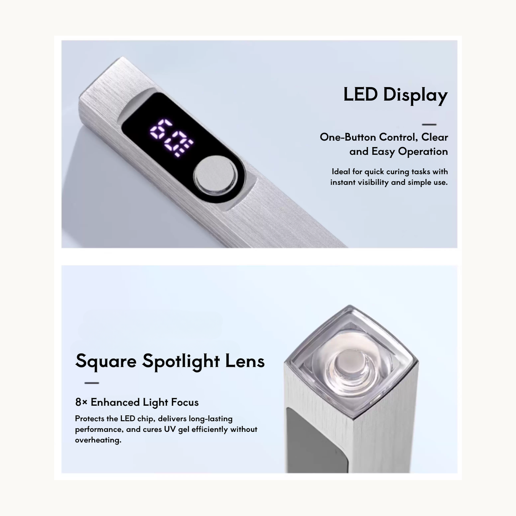 Close-up of TAYE Hand Light 3.0 LED display and square spotlight lens for focused UV curing and easy one-button control