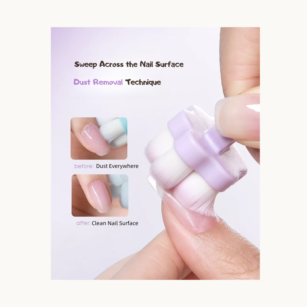 Before and after nail dust removal using TAYE Meow Paw Brush with clean nail finish