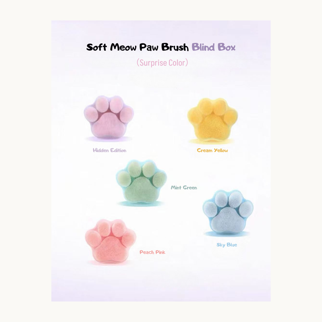 Blind box Meow Paw Brush color options including Hidden Edition, Cream Yellow, Mint Green, Peach Pink, and Sky Blue