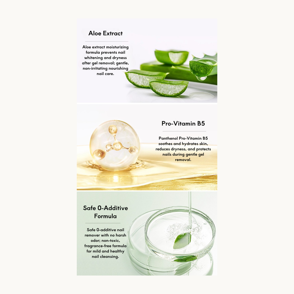 TAYE nail remover enriched with Pro-Vitamin B5 to soothe, hydrate, and protect nails during gel removal