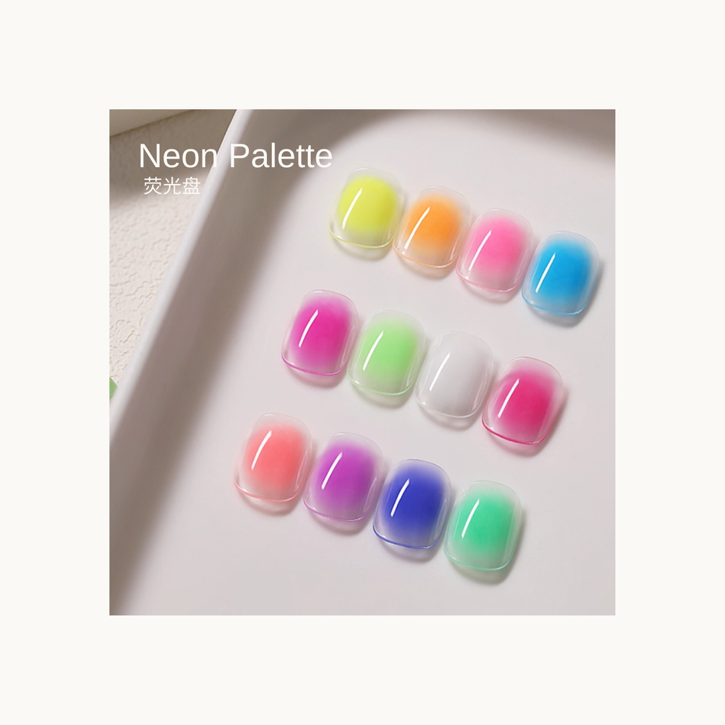 Neon Palette bright neon gradient gel nail swatches arranged on a white tray for nail design inspiration.