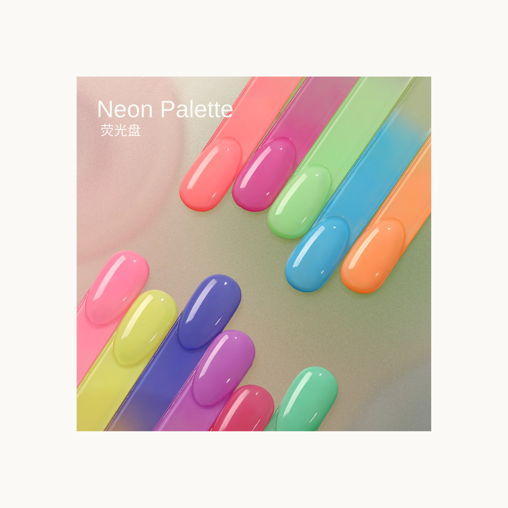 Neon Palette high-saturation neon gel color swatches shown on clear swatch sticks in vibrant tones.