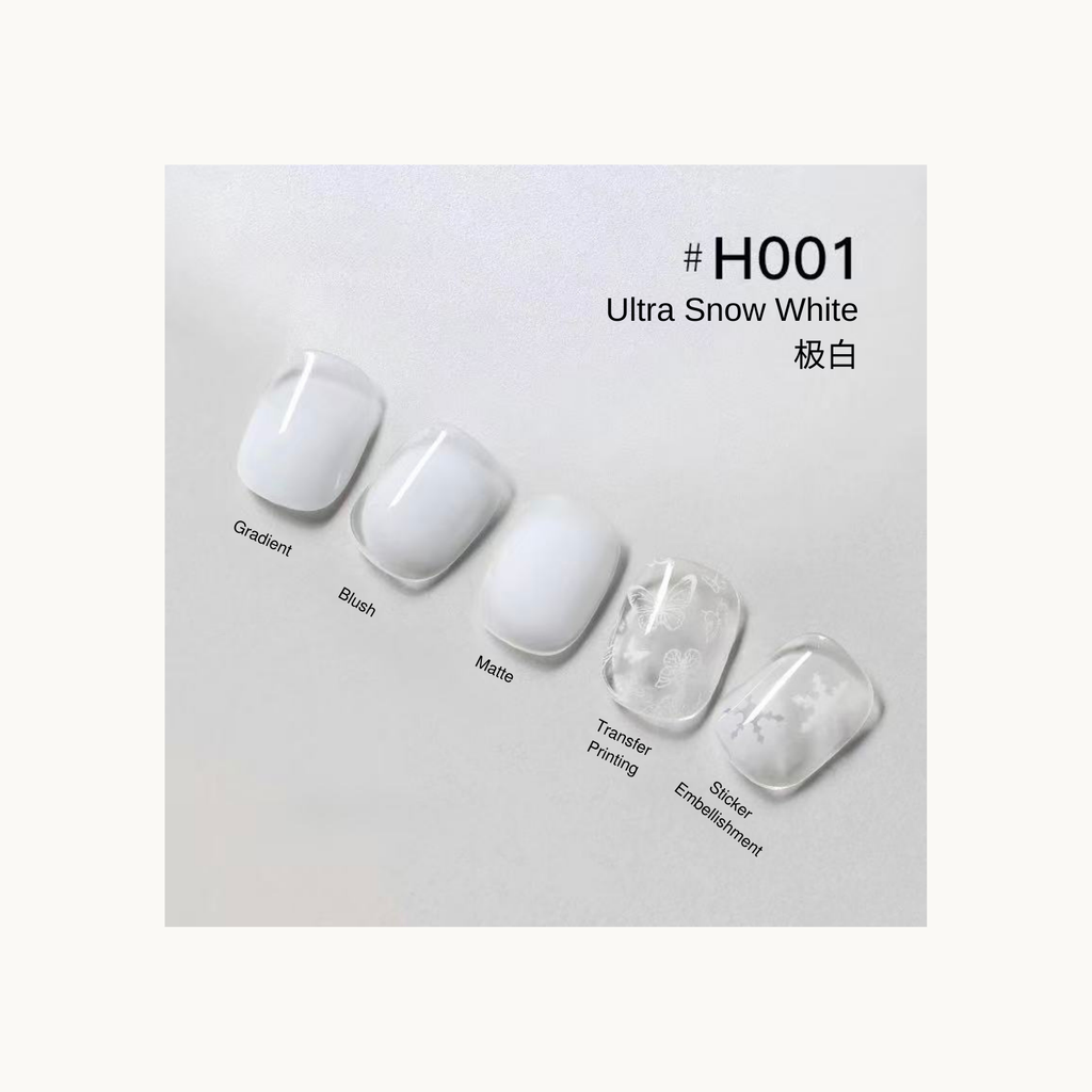 Taye x nformula life H001 Ultra Snow White press on nails in gradient, blush, matte, transfer printing, and sticker embellishment styles.