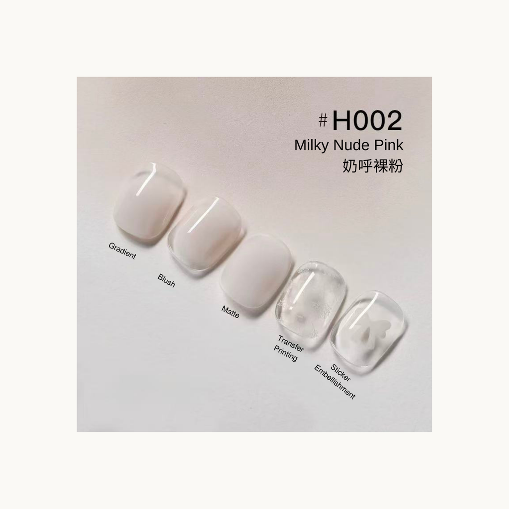 Taye x nformula life H002 Milky Nude Pink press on nails shown in gradient, blush, matte, transfer printing, and sticker embellishment designs.