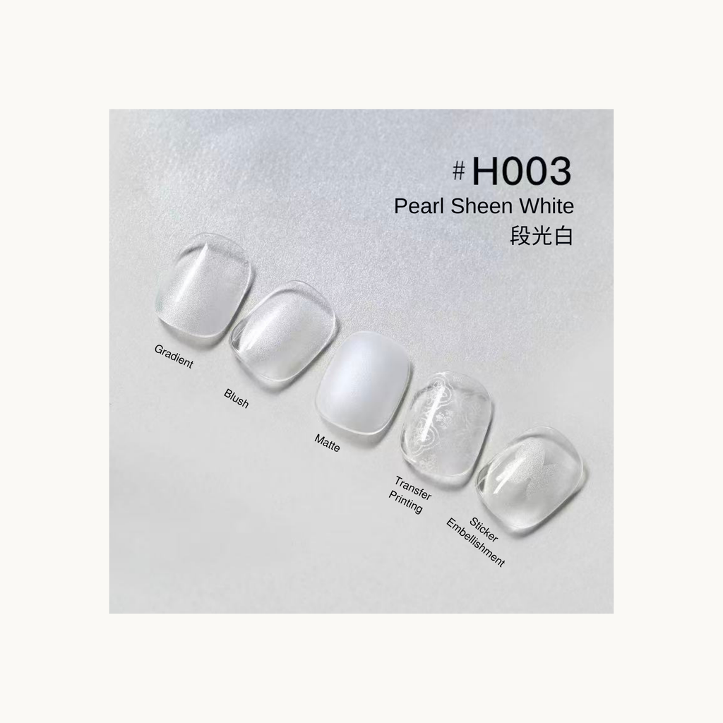 Taye x nformula life H003 Pearl Sheen White press on nails with gradient, blush, matte, transfer printing, and sticker embellishment options.