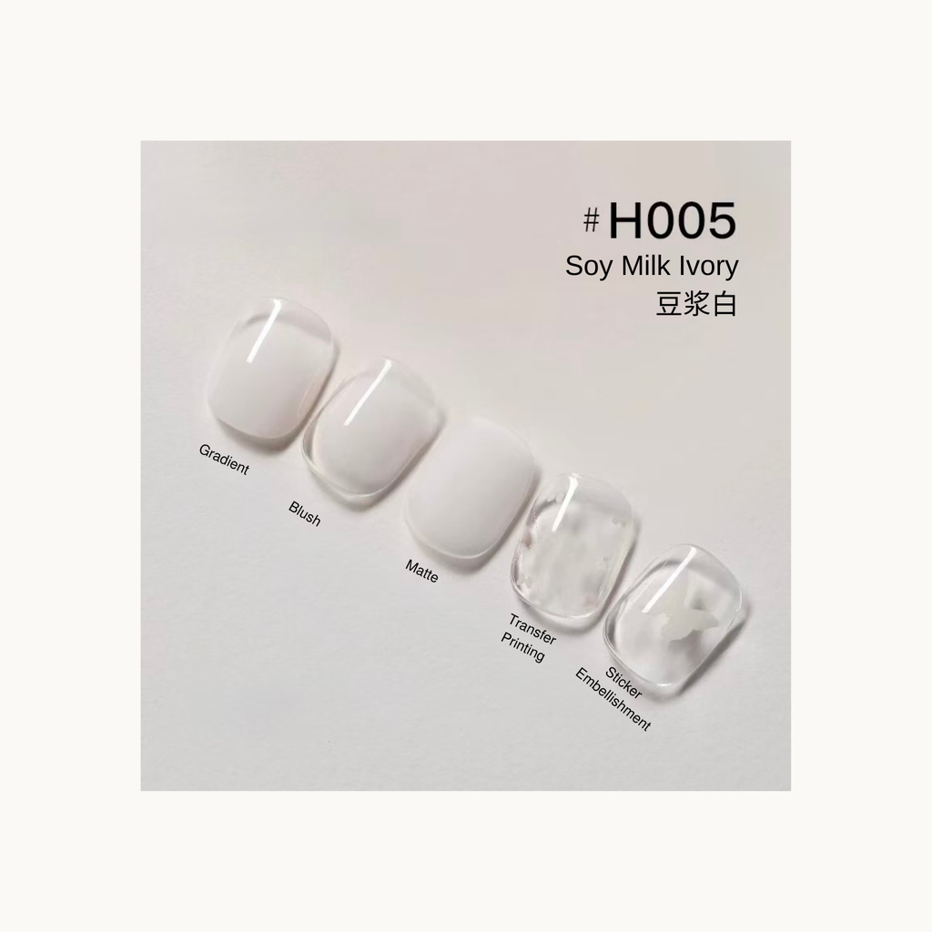 Taye x nformula life H005 Soy Milk Ivory press on nails shown in gradient, blush, matte, transfer printing, and sticker embellishment variations.