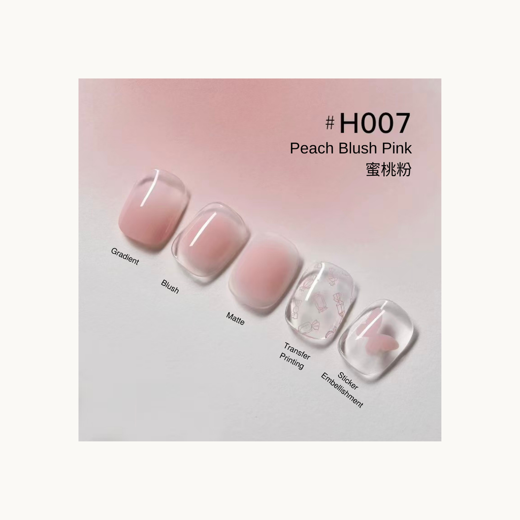 Taye x nformula life H007 Peach Blush Pink press on nails featuring gradient, blush, matte, transfer printing, and sticker embellishment details.