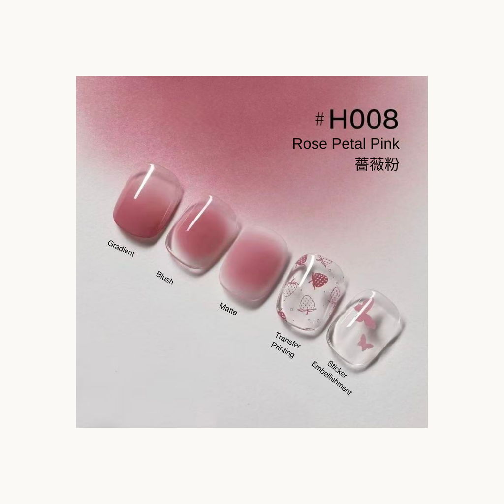Taye x nformula life H008 Rose Petal Pink press on nails in gradient, blush, matte, transfer printing, and sticker embellishment styles.