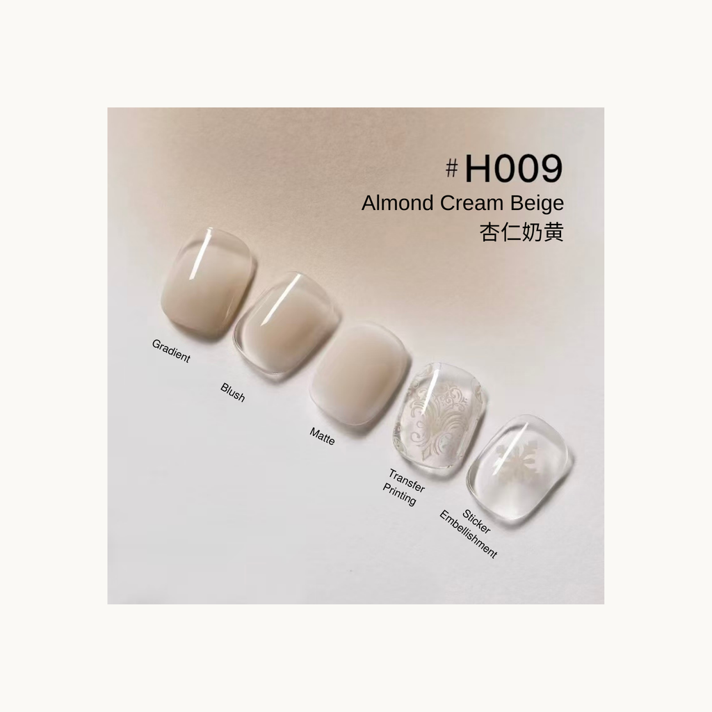 Taye x nformula life H009 Almond Cream Beige press on nails shown in gradient, blush, matte, transfer printing, and sticker embellishment finishes.