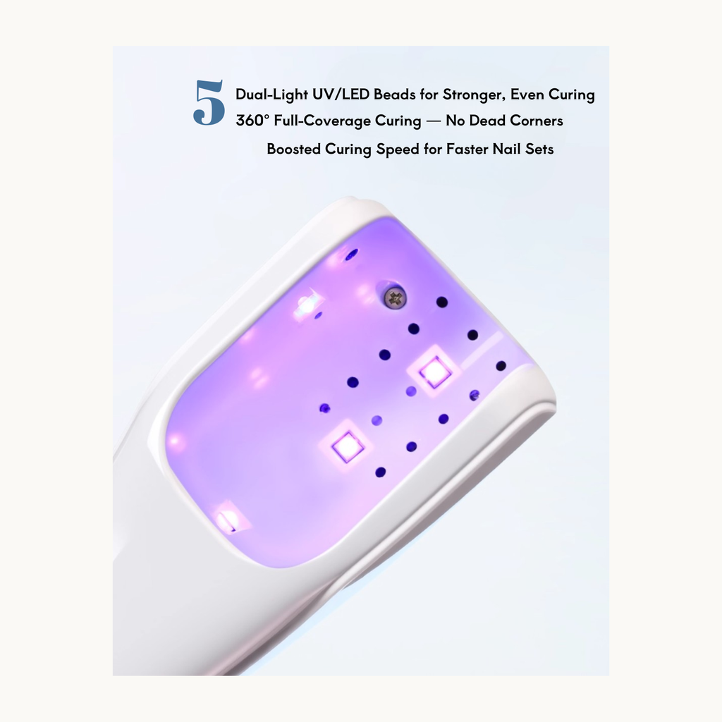 Close-up of TAYE P139 portable nail lamp featuring 5 dual-light UV LED beads for 360° curing