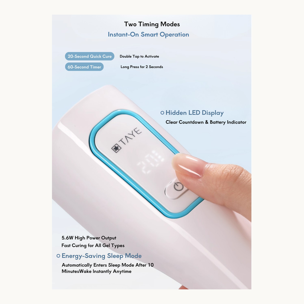 TAYE P139 portable nail lamp with 20-second quick cure, 60-second timer, and hidden LED display