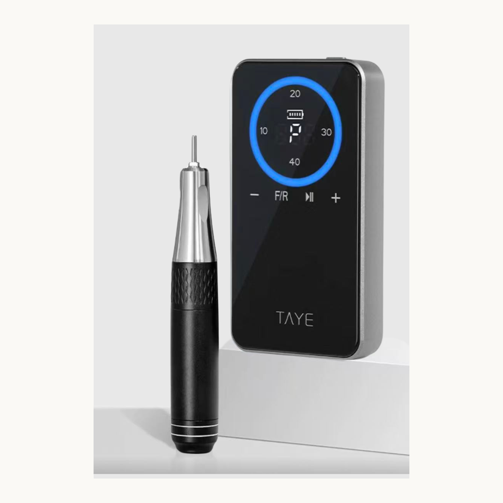 Black TAYE P225 portable nail drill with metal handpiece for professional nail technicians and home use