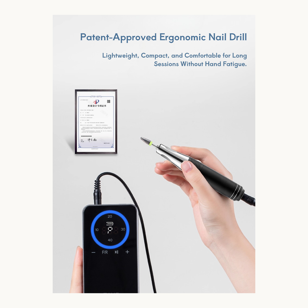 Patent-approved ergonomic nail drill that is lightweight, compact, and comfortable for long salon sessions