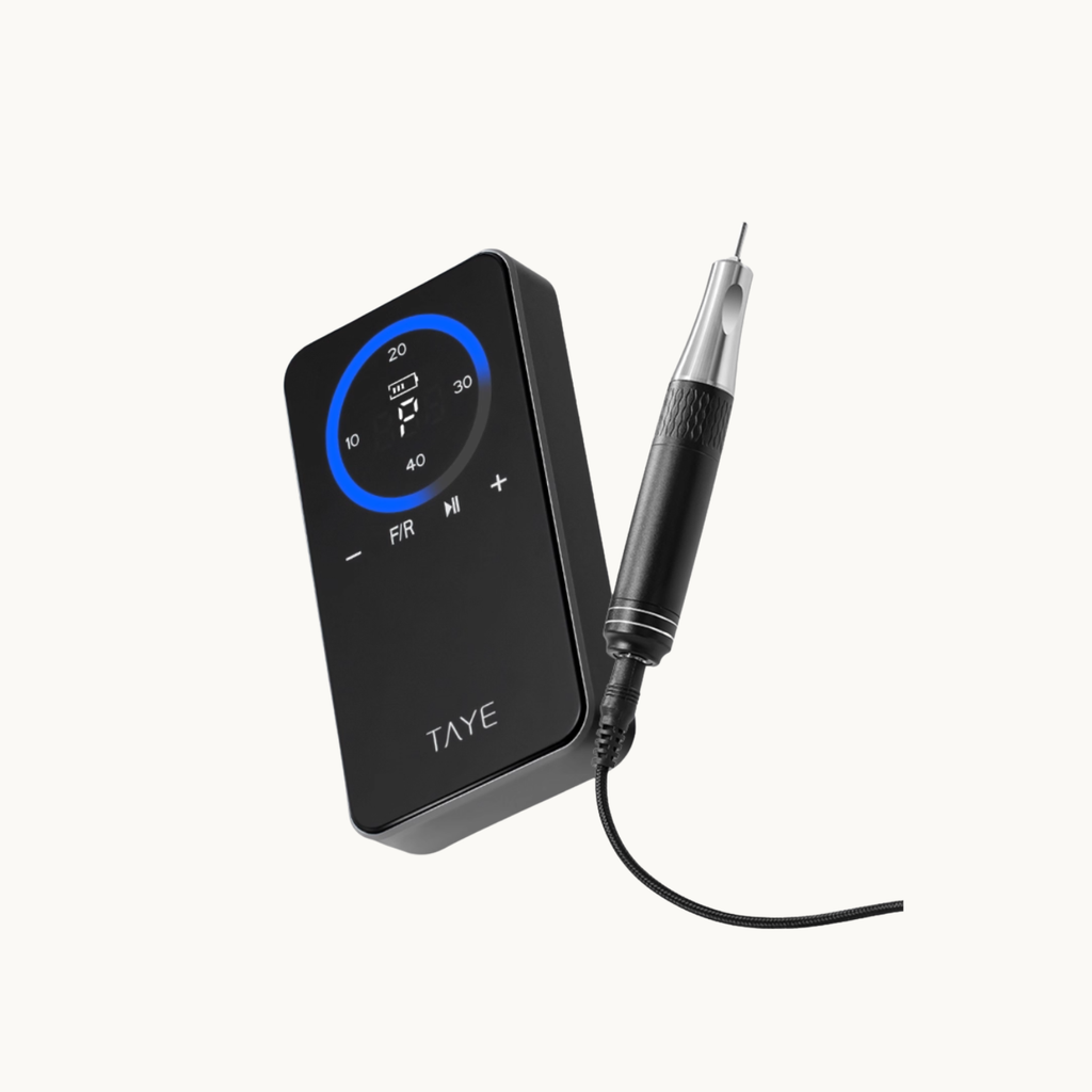 TAYE P225 portable 25,000 RPM nail drill in black with ergonomic aluminum handpiece for professional gel filing