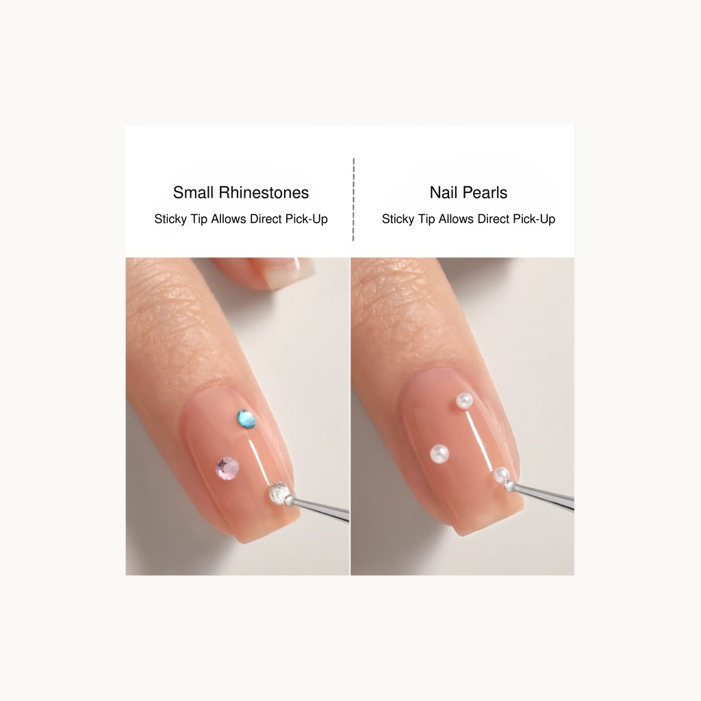 Demonstration of using TAYE dual-tip picker to apply small rhinestones and nail pearls