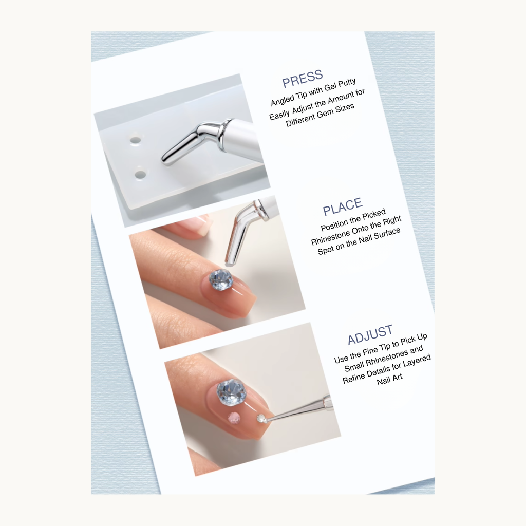 Step-by-step guide showing how to press, place, and adjust nail rhinestones with TAYE picker