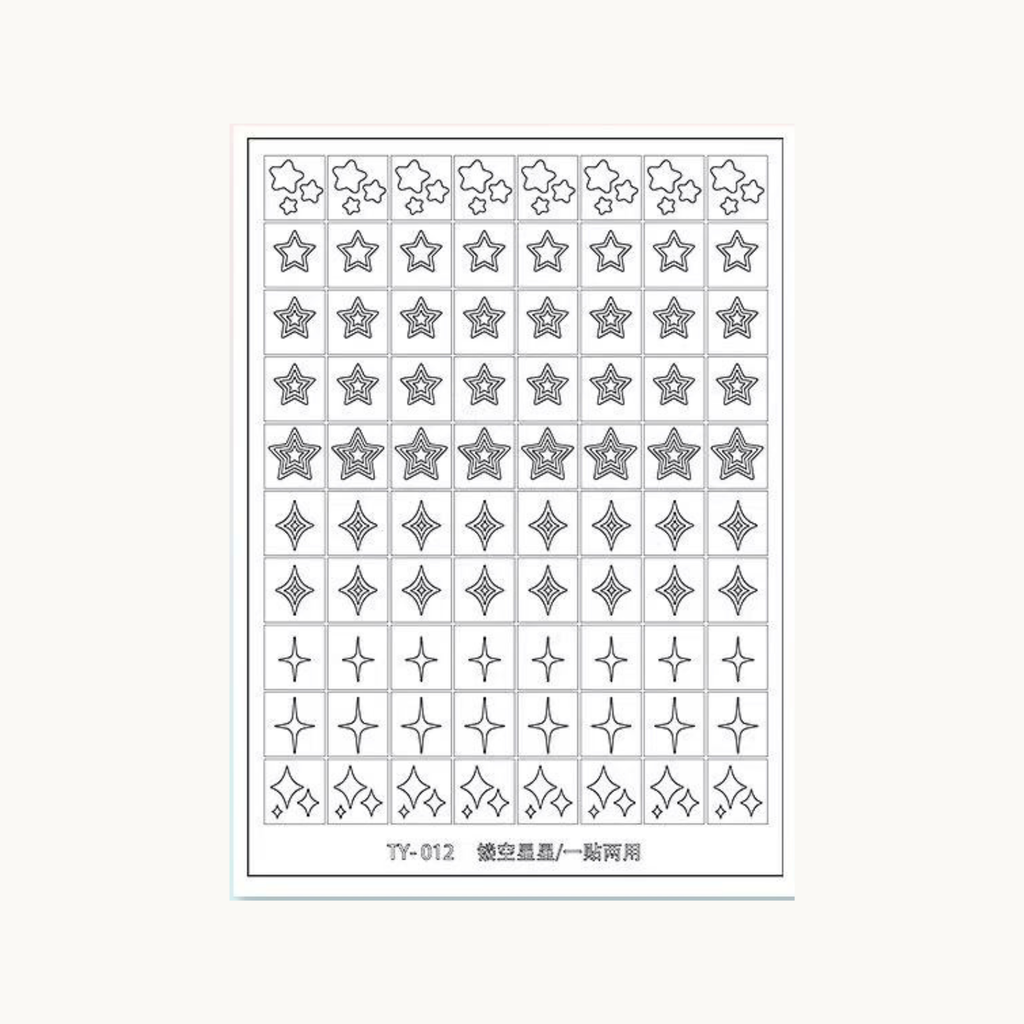 TAYE TY-012 star and sparkle cut-out nail stencil sheet, reusable sticker for celestial and twinkle nail art designs.